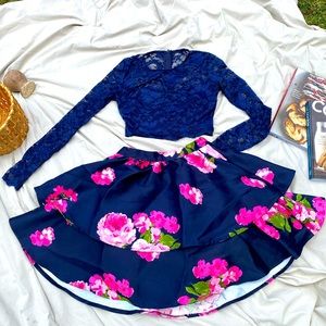 Two piece Junior gorgeous dress- lace top with satin undershirt & floral skirt